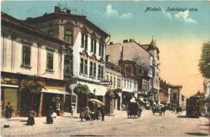 1922 Miskolc, Széchenyi utca, Pannonia szálloda és kávéház, villamos, lovaskocsik. Grünwald Ignác kiadása