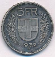 Svájc 1932B 5Fr Ag T:1-,2 patina  Switzerland 1932B 5 Francs Ag C:AU,XF patina  Krause KM#40