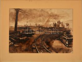 Deli Antal (1886-1960): Iparvágányok. Tus, papír, jelzés nélkül, paszpartuban, 36×51 cm
