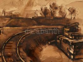 Deli Antal (1886-1960): Iparvágányok. Tus, papír, jelzés nélkül, paszpartuban, 36×51 cm