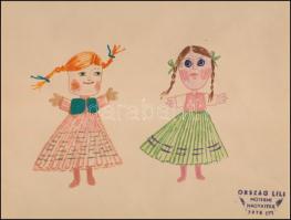 Ország Lili (1926-1978): Lányok. Színes filctoll, papír, hagyatéki bélyegzővel, eredetiséget igazoló írással (Vasilescu-gyűjtemény) 17x21 cm
