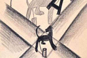 Göndör Bertalan (1908-1945): Kutya a kereszteződésben 1922. Szén, papír, jelzett, 27×23 cm