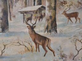 Hawlisch Gusztáv: Vadász jelenet. Olaj, vászon.  75x100 cm Faragott fa keretben