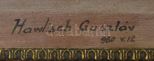 Hawlisch Gusztáv: Vadász jelenet. Olaj, vászon.  75x100 cm Faragott fa keretben