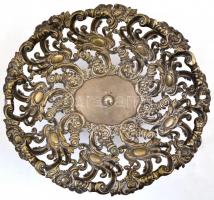 Virágos, ornamentikus mintájú fém kosár, jelzett, sérült, 19×8 cm