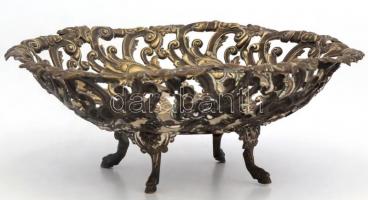 Virágos, ornamentikus mintájú fém kosár, jelzett, sérült, 19×8 cm