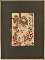 Kínai fametszet. színezett, jelzett. 15x22 cm Keretben