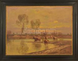 Olgyay Ferenc (1872-1939): Tehenek a Balaton partnál. Olaj, vászon jelzett, keretben, 60×80 cm