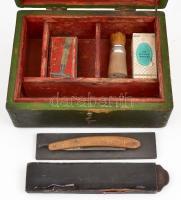 Fa, tükrös borotvás doboz, tartozékokkal, borotva (Tennis Solingen pengével), fenő szíj, fenőkő, Rat...