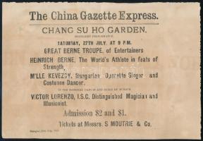 1907 Sanghaj, Kövesdi Evelin magyar operetténekes műsorát népszerűsítő angol nyelvű plakát, 19×28 cm
