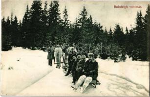 1907 Tátra, Vysoké Tatry; téli sport, bobsleigh vontatás lovasszánnal / winter sport, horse sled towing a bobsleigh