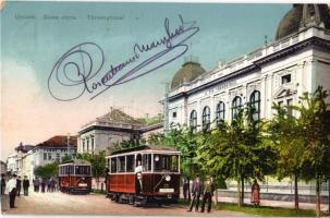1914 Újvidék, Novi Sad; Duna utca, Törvényház, villamosok / street, court, trams