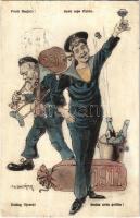 1911 Prosit Neujahr! K.u.K. Kriegsmarine Matrose / Boldog Újévet! / Buon capo danno! / Sretna nova godina! / Austro-Hungarian Navy mariner humour art postcard, New Year greeting, drunk mariner. G. Fano, Pola 1910-11. 2414. s: Ed. Dworak (r)