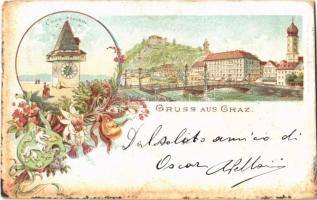 1897 (Vorläufer!) Graz, Grazer Uhrturm / Clock Tower, general view, bridge, coat of arms. Art Nouveau, floral, litho (worn corner)