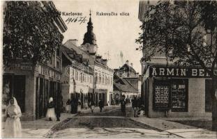 1916 Károlyváros, Karlovac; Rakovacka ulica / street view with the shops of Armin Ben. and Ivan Lach, restaurant