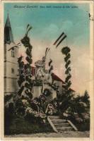 1932 Lenti, Római katolikus templom, hősök szobra magyar zászlókkal és koszorúkkal. Csank Ferenc dohánytőzsde kiadása (EK)