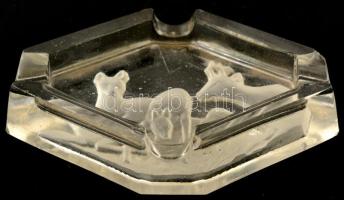 Őz motívumos üveg hamutál, karcolásokkal, csorbával, 12,5x8,5 cm