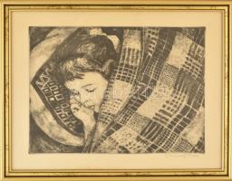 Imre István (1918 - 1983): Zizi alszik. Rézkarc, papír, üvegezett keretben, 29×39 cm