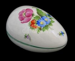 Herendi virágmintás porcelán tojás, kézzel festett, jelzett, kis kopásnyomokkal, 17×11 cm