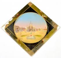 Milánó, Főtér, régi kézzel színezett üvegkép, kopott, 12x12 cm
