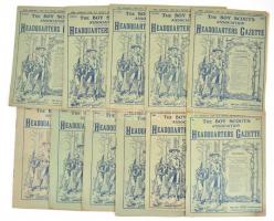 1918 The Boy Scouts Association Headquarters Gazette, 1918 1-12. sz., teljes XII. évfolyama, angol nyelven. Változó állapotban, a januári szám sérült, kissé hiányos, a juliusi szám kissé foltos.