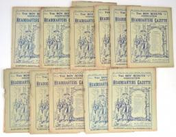 1922 The Boy Scouts Association Headquarters Gazette, 1922 11 száma, majdnem teljes XVI. évf.,a 4. szám hiányzik, angol nyelven. Változó állapotban, a 3. szám borítója leszakadt, egy-két borító gerince szakadozott.