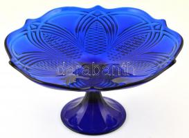 Kék üveg kínáló, formába öntött, d: 26 cm m: 14 cm