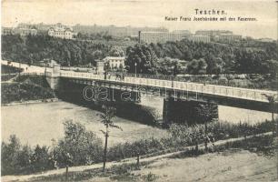 Cieszyn, Teschen; Kaiser Franz Josefsbrücke mit den Kasernen / bridge and military barrack