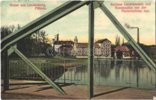 1907 Breclav, Lundenburg; Schloss Liechtenstein, Kunstmühle von der Marienbrücke aus / castle, mill, bridge