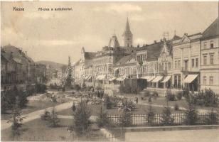 1910 Kassa, Kosice; Fő utca, szökőkút, Jassik Lajos üzlete / main street, fountain, shops
