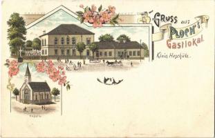 1908 Malé Hostice, Klein Hoschütz (Opava, Troppau); Gruss aus Plochs Gastlokal, Kapelle / restaurant and hotel, chapel. Ottmar Zieher Art Nouveau, floral, litho