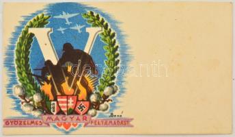 cca 1940-1944 Bozó Gyula (1913-2004) grafikájával díszített, használatlan üdvözlőkártya, rajta nemzeti kiscímerrel, náci és olasz fasiszta címerekkel, katonákkal, repülőkkel, Bp., Klösz-ny., 6x10 cm