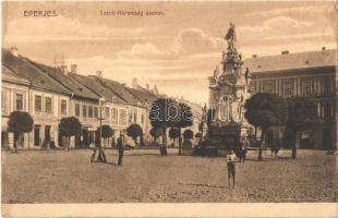 1911 Eperjes, Presov; Szentháromság szobor, Első Eperjesi Bazár. Divald Károly fia / Trinity statue, bazaar shop