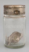 Ólom darabka, régi fémfedeles, kopott üvegcsében, üveg: m: 7 cm