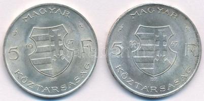 1947. 5Ft Ag "Kossuth" (2x) T:1-,2 kis patina Adamo F8.1