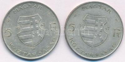 1947. 5Ft Ag "Kossuth" (2x) T:2 kis patina Adamo F8.1