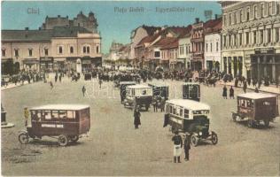 Kolozsvár, Cluj; Egyesülési tér, autóbuszok, Albina és Reményik L. üzlete / Piata Unirii / square, autobuses, shops