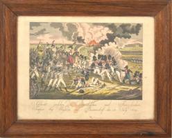 Schlacht zurichen den Oesterreichischen und Französischen Truppen bey Wagram und Baumersdorf den 5ten July 1809., színezett rézmetszet, foltos, üvegezett fa keretben, 27,5x33,5 cm, keret: 38x47 cm