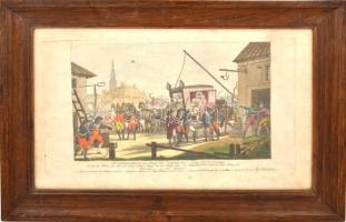Die gefangennehmung des Königs von Frankreich den 21 Juni 1791 Varennet... , színezett rézmetszet, foltos, üvegezett fa keretben, 22x37 cm, keretben: 35x50 cm