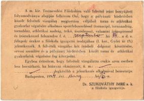 1934 M. Kir. Testnevelési Főiskola Igazgatósága. Budapest Győri út 13. Felvételi vizsga meghívó  (sz...