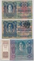 1904. 10K + 1913. 20K + 1913. 20K II. kiadás + 1914. 50K + 1915. 10K, mindegyik román felülbélyegzés...