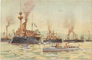 WWI Imperial German Navy, French battleships, flags. Marke Egemes Serie 3. Nr. 2. s: Willy Stower