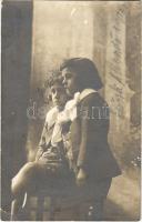 1911 Meggyessy Jancsika és Zolika a Kir. fenségek által kitüntetett 6 és 7 éves zeneművészek / Hungarian child musicians. photo (kis szakadás / small tear)