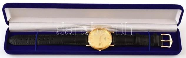 Arany(Au) 14K Tissot karóra, kvarc, jelzett, dátumkijelzővel, bőr szíjjal, működik, jó állapotban, d...