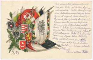 1915 Karácsony a harctéren. A Hadsegélyező Hivatal és a Vöröskereszt Együttes akciója. Központi hatalmak zászlói és címerei / WWI flags and coat of arms of the Central Powers. litho