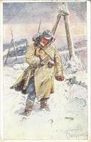 Offizielle Postkarte zu gunsten der Hilfsaktion Kälteschutz Nr. 392. K.H.B. / WWI Austro-Hungarian K.u.K. military, soldier in a snowstorm, artist signed (EK)