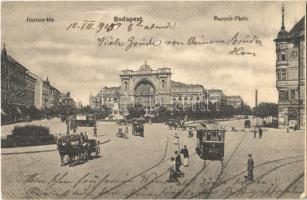 1905 Budapest VIII. Baross tér, Keleti pályaudvar, Baross szobor, villamosok, Gazdasági gépek üzlete (EB)