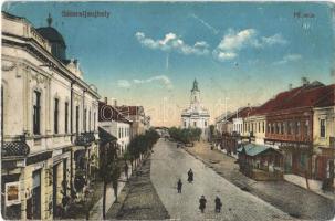 1915 Sátoraljaújhely, Fő utca, üzletek, templom (kopott sarkak / worn corners)