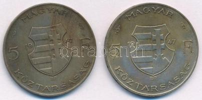 1947. 5Ft Ag "Kossuth" (2x) T:2,3 patina, ph. Adamo F8.1
