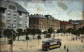 1914 Debrecen, Fő utca, villamos, Alföldi Takarékpénztár. Bettelheim Miksa és Társa kiadása (r)